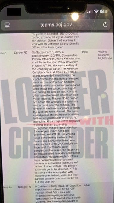 A screenshot of a social media post on X displaying text about an assassination attempt on Charlie Kirk at Utah Valley University. The text mentions an ATF investigation, a Mauser .30-06 caliber bolt action rifle, and bullets engraved with transgender and anti-fascist slogans. A watermark from X is visible.