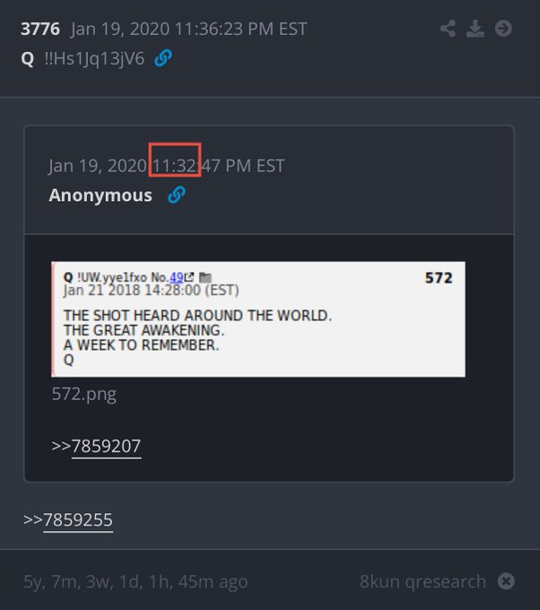 A screenshot of a social media post from X, displaying text within a dark-themed interface. The text includes timestamps, user handles like Anonymous, and post IDs. Visible text reads "THE SHOT HEARD AROUND THE WORLD. THE GREAT AWAKENING. A WEEK TO REMEMBER." with a post number "572" and a file name "572.png."