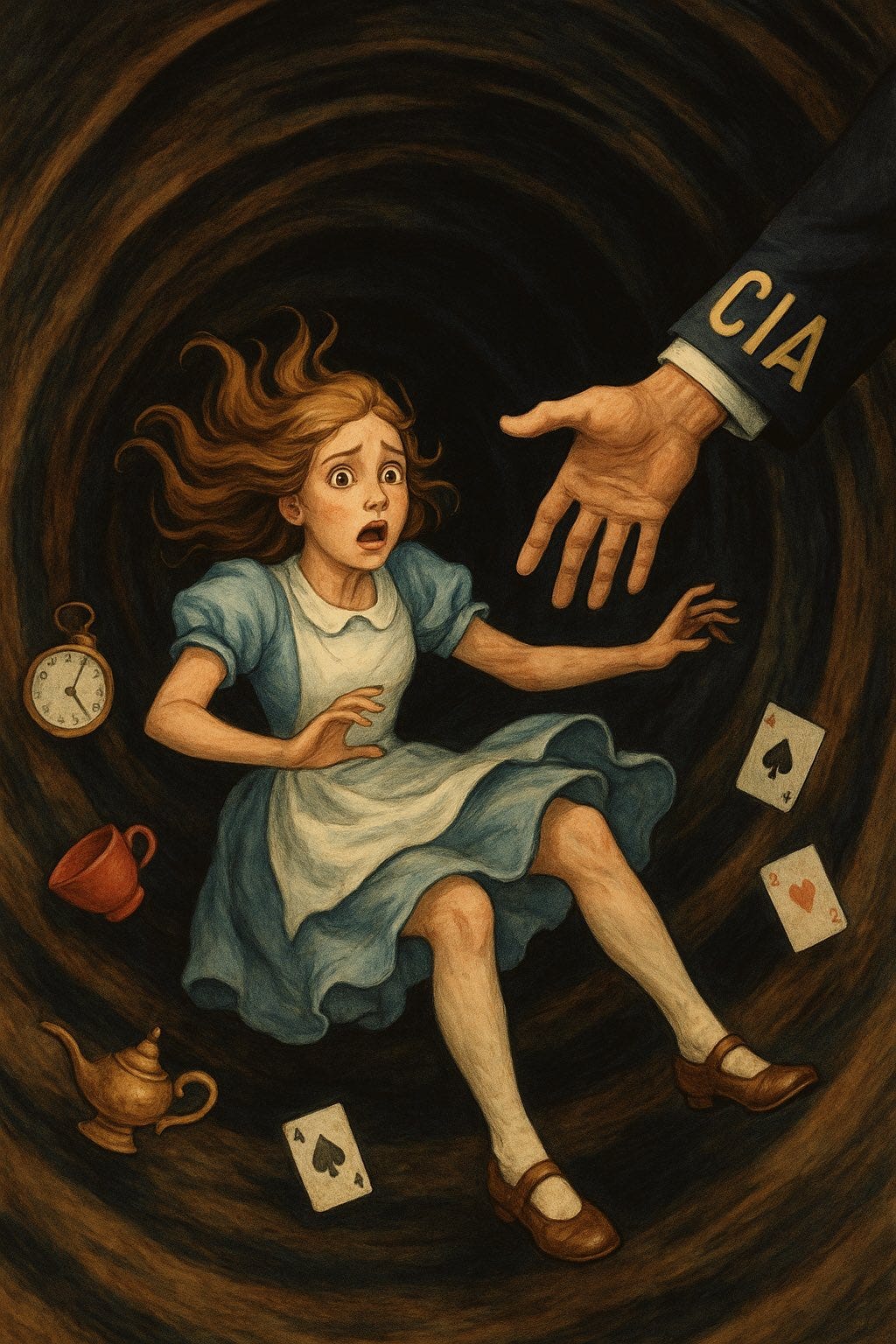 Alice falling down a dark spiral tunnel, wearing a blue dress and white apron, with windblown hair and a frightened expression. A large hand labeled "CIA" reaches toward her. Scattered objects include a teapot, teacup, pocket watch, and playing cards with hearts and spades.
