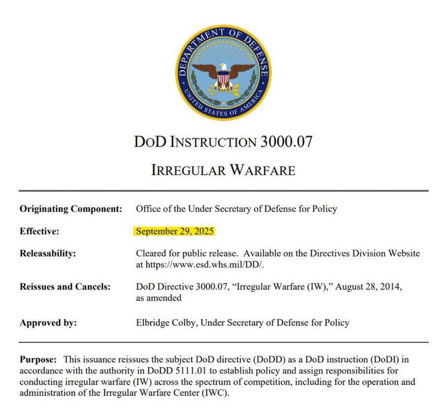 A document titled "DoD Instruction 3000.07 Irregular Warfare" with the Department of Defense seal at the top, featuring an eagle and stars. Text includes the originating component, effective date of September 29, 2025, and signatures from Elbridge Colby, Under Secretary of Defense for Policy.