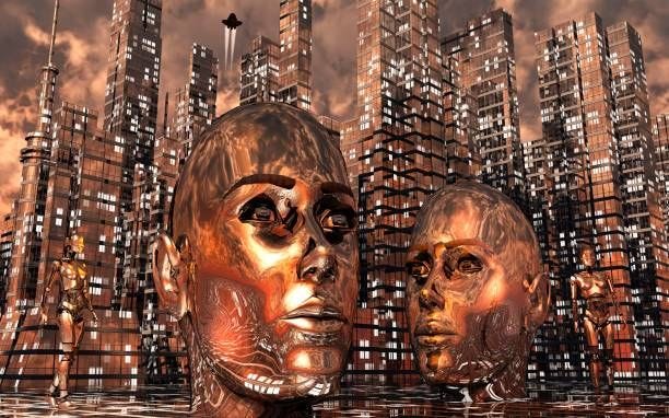 city run by artificial intelligence. - transhumanism stock illustrations