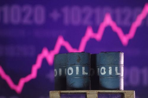 Illustration shows rising stock graph and 3D printed oil barrel miniature